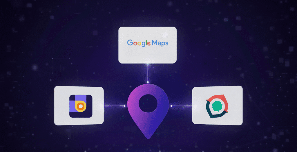 تصویر لوگوهای گوگل مپ، نشان و بلد که به یک پین موقعیت مکانی مرکزی متصل شدهاند، نمادی از سئوی محلی (Local SEO) و ثبت کسب و کار در نشان و بلد برای افزایش دیده شدن در ایران.