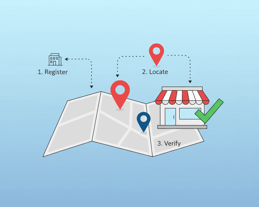 تصویر دیجیتال دو بعدی نمایش‌دهنده فرآیند ثبت کسب‌وکار روی نقشه با دو پین مکان قرمز و آبی، یک مغازه با سایه‌بان راه‌راه و علامت تیک سبز تأیید در پس‌زمینه آبی رنگ ملایم.