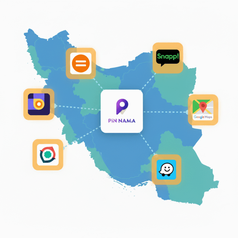 Iran map with 6 location icons and PinNama logo in the center