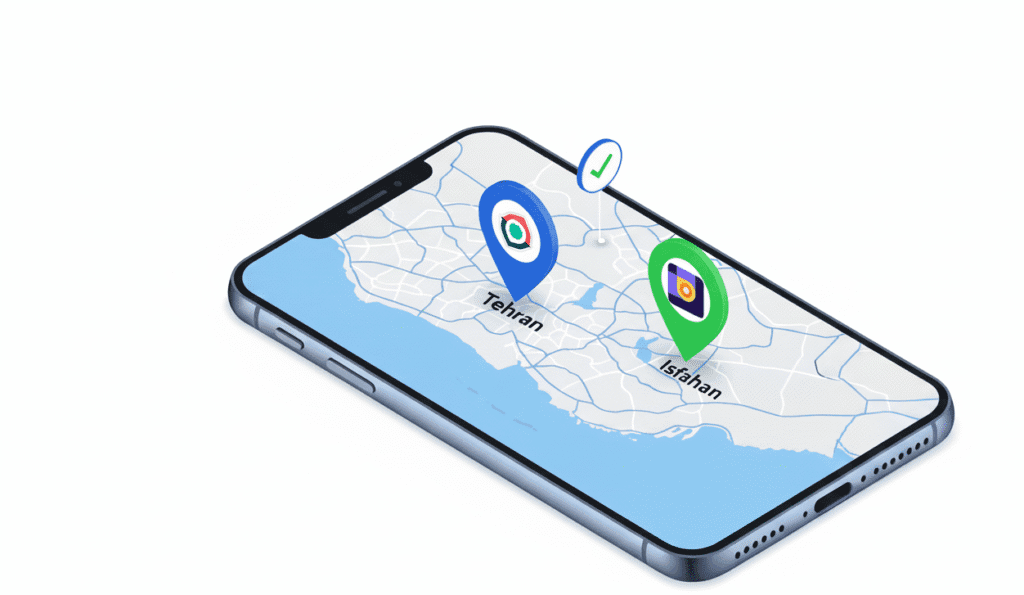 ثبت کسب‌وکار در نقشه‌های نشان و بلد – تصویر نقشه ایران با آیکون‌های لوکیشن و تأیید کسب‌وکار