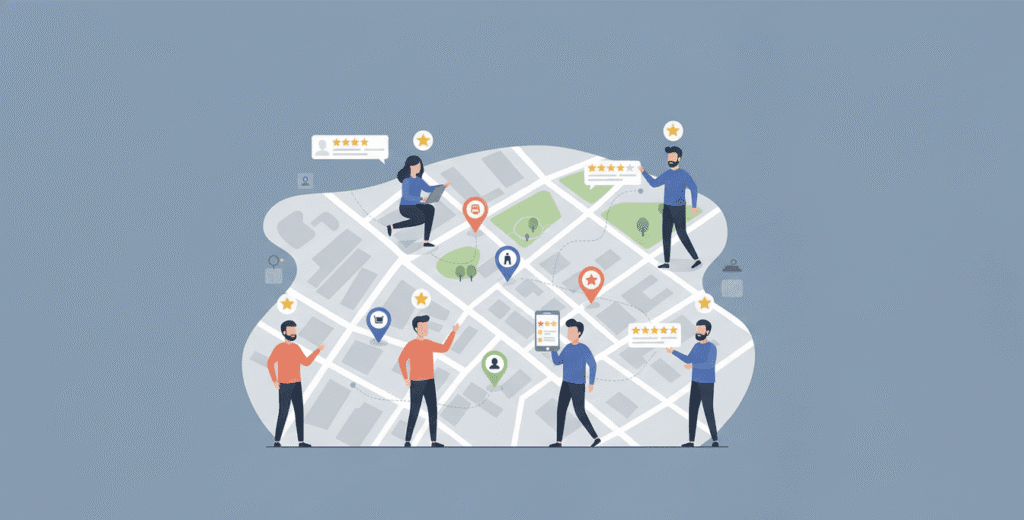 «نمایش کاربران فعال گوگل مپ با نشان ستاره و نمادهای امتیازدهی روی نقشه شهر برای توضیح مفهوم لوکال گاید»