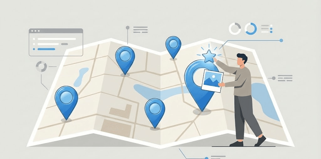 «تصویری از نقشه دیجیتال با پین‌های موقعیت و یک کاربر در حال ثبت نظر و عکس، نماد نقش لوکال گاید در سئوی محلی»