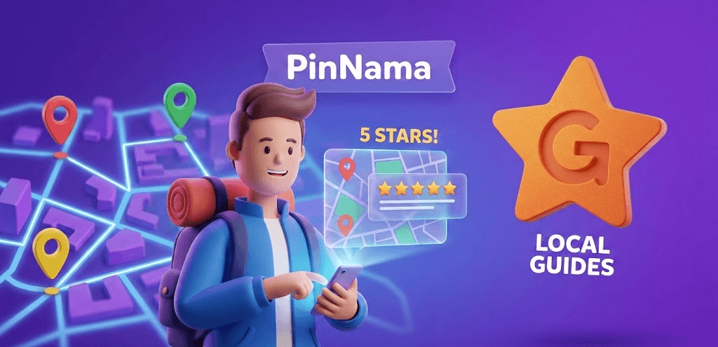 تصویر سه بعدی یک شخصیت دوستانه با گوشی موبایل در کنار نشان ستاره بزرگ نارنجی (نماد گوگل لوکال گاید)، در حال نمایش بررسی نقشه و ۵ ستاره طلایی برای افزایش رتبه سئوی محلی و اعتبار کسب‌وکار.