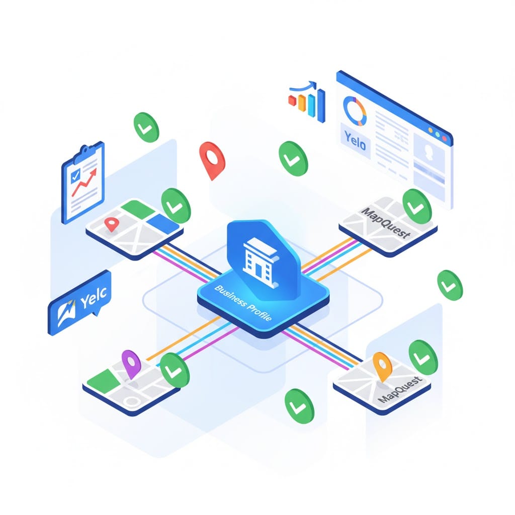 Illustration of verified business profiles with checkmarks and reports, showing final approval and professional dashboard, flat colorful design