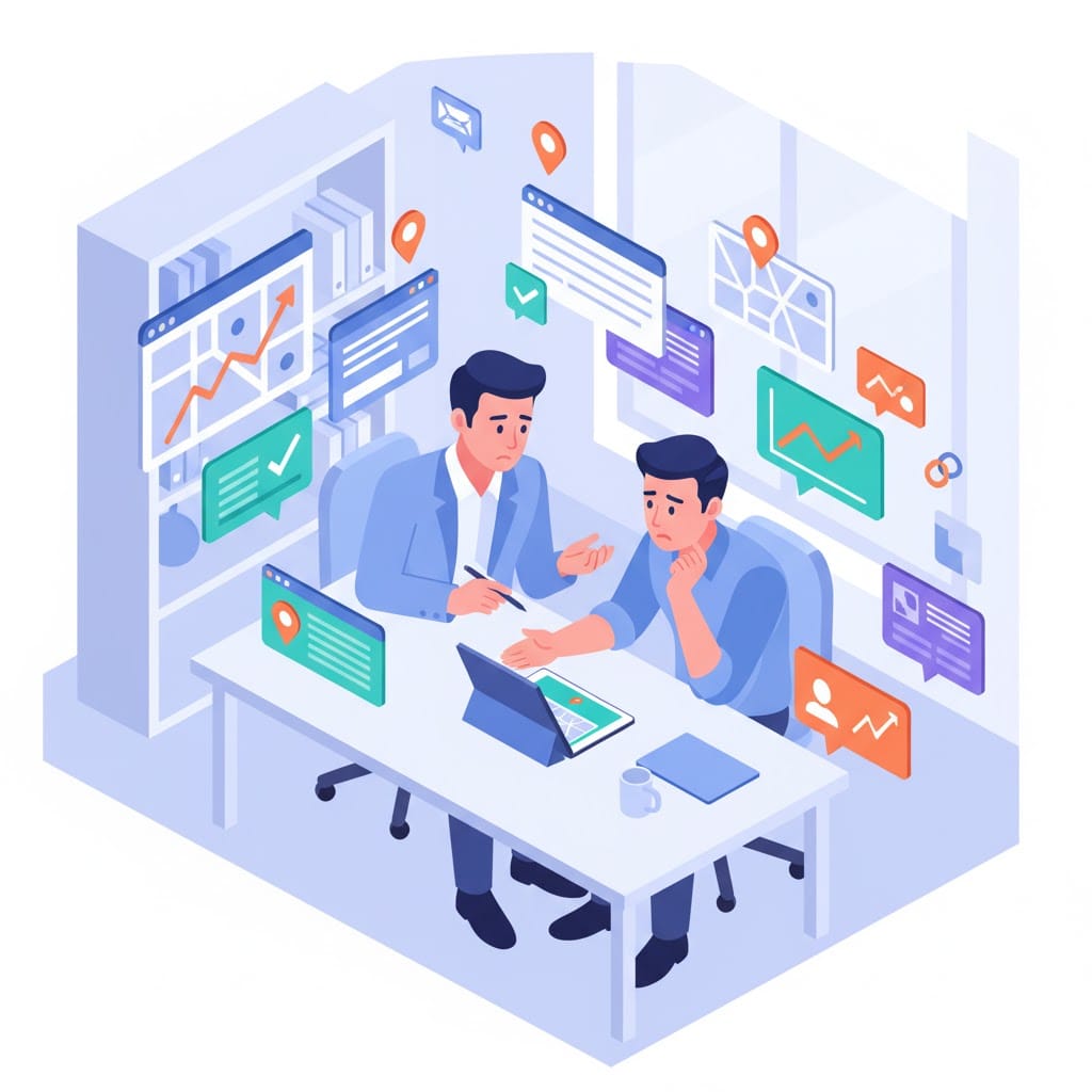 Isometric illustration of a consultant analyzing business data with digital forms, maps, and location markers, flat colorful style 
