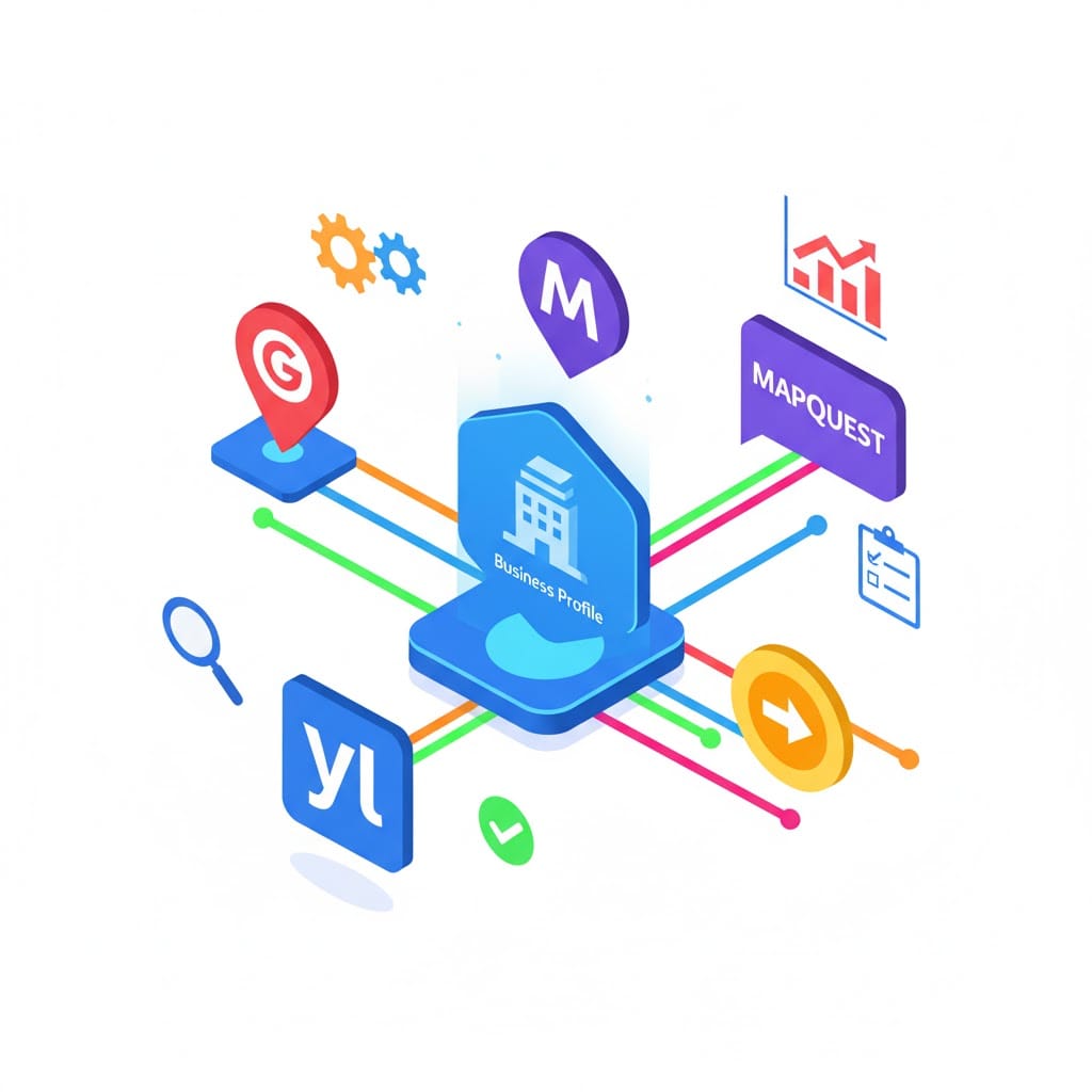 Digital graphic of multiple map platforms connected to a central business profile, optimization and data flow visualization, flat isometric design