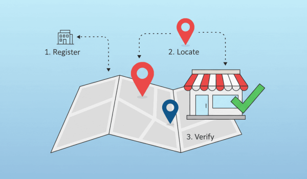 تصویر دیجیتال دو بعدی نمایش‌دهنده فرآیند ثبت کسب‌وکار روی نقشه با دو پین مکان قرمز و آبی، یک مغازه با سایه‌بان راه‌راه و علامت تیک سبز تأیید در پس‌زمینه آبی رنگ ملایم.