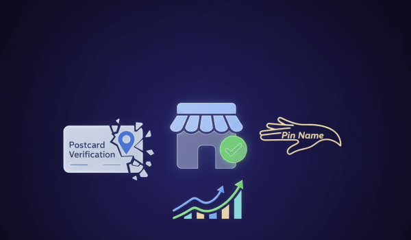 ثبت کسب و کار در گوگل مپ: تصویر گرافیکی Google Business Profile، کارت پستی شکسته و راهکار تأیید هویت، نماد چالش‌های سئوی محلی در ایران.