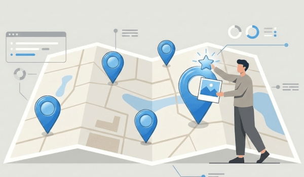 «تصویری از نقشه دیجیتال با پین‌های موقعیت و یک کاربر در حال ثبت نظر و عکس، نماد نقش لوکال گاید در سئوی محلی»